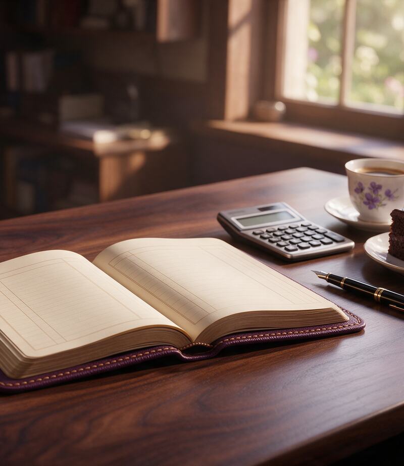 An open ledger, fountain pen, calculator and coffee with a slice of cake on a desk