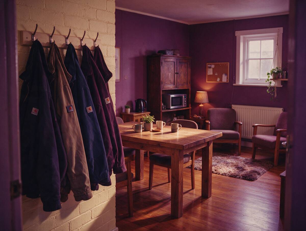 Work jackets on coat hooks in a small business staff room