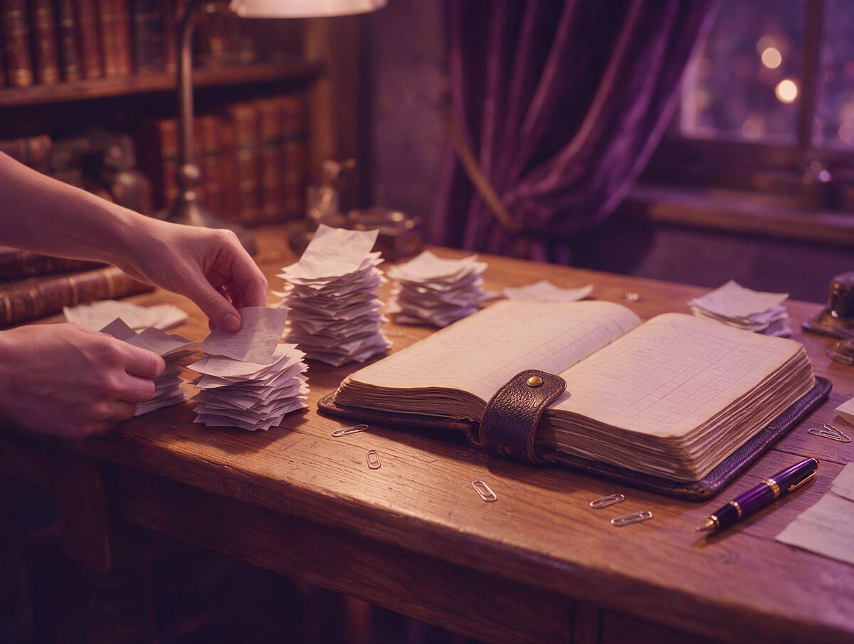 Hands sorting receipts into piles beside an open ledger