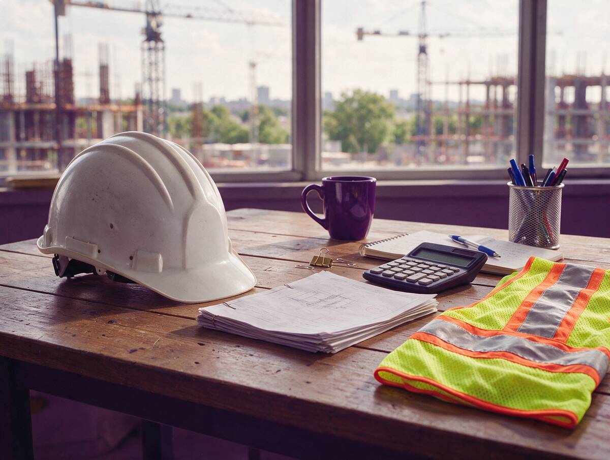 A builder's hard hat and high-visibility vest on a desk with paperwork and a calculator