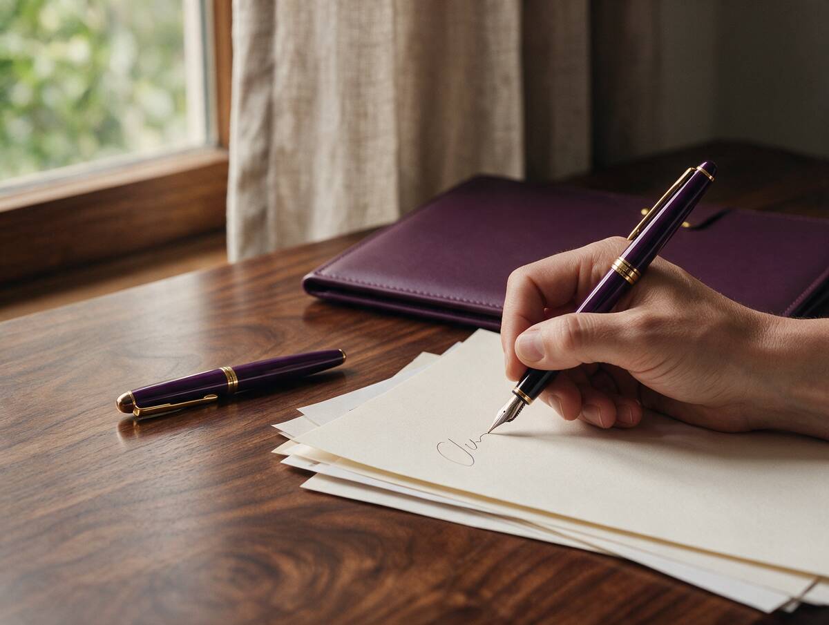 A hand signing a document with a fountain pen beside a plum folder