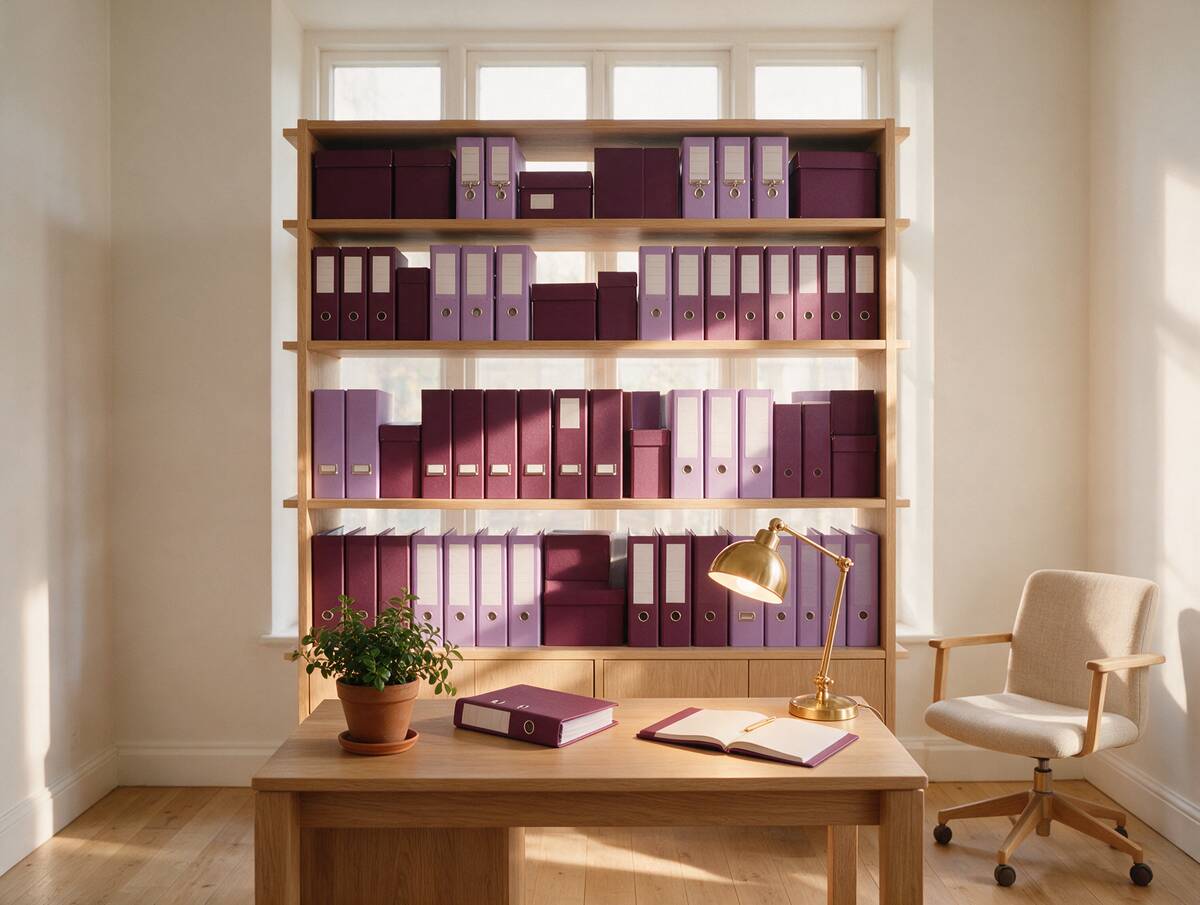 Shelves of plum ring binders and archive boxes in a calm office