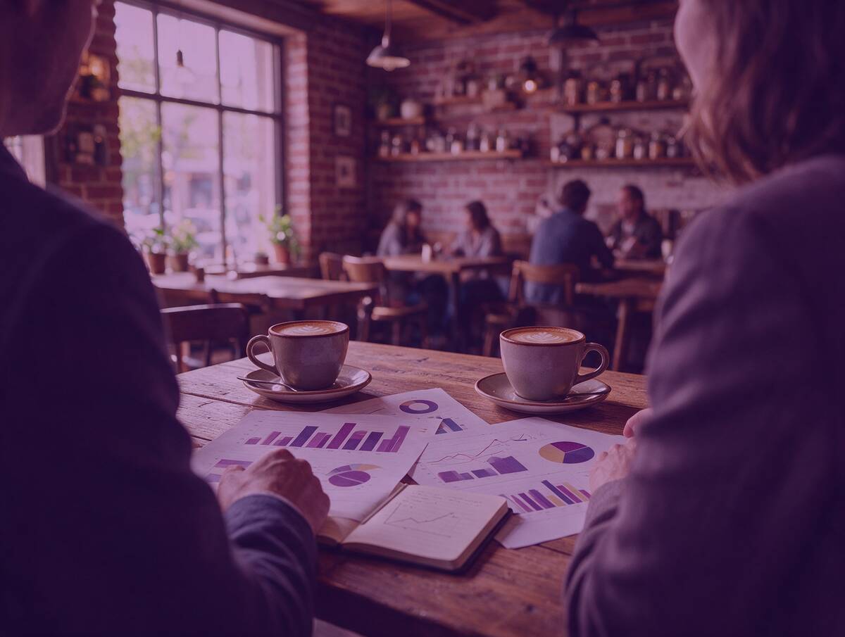 Two people talking over coffee with printed charts between them