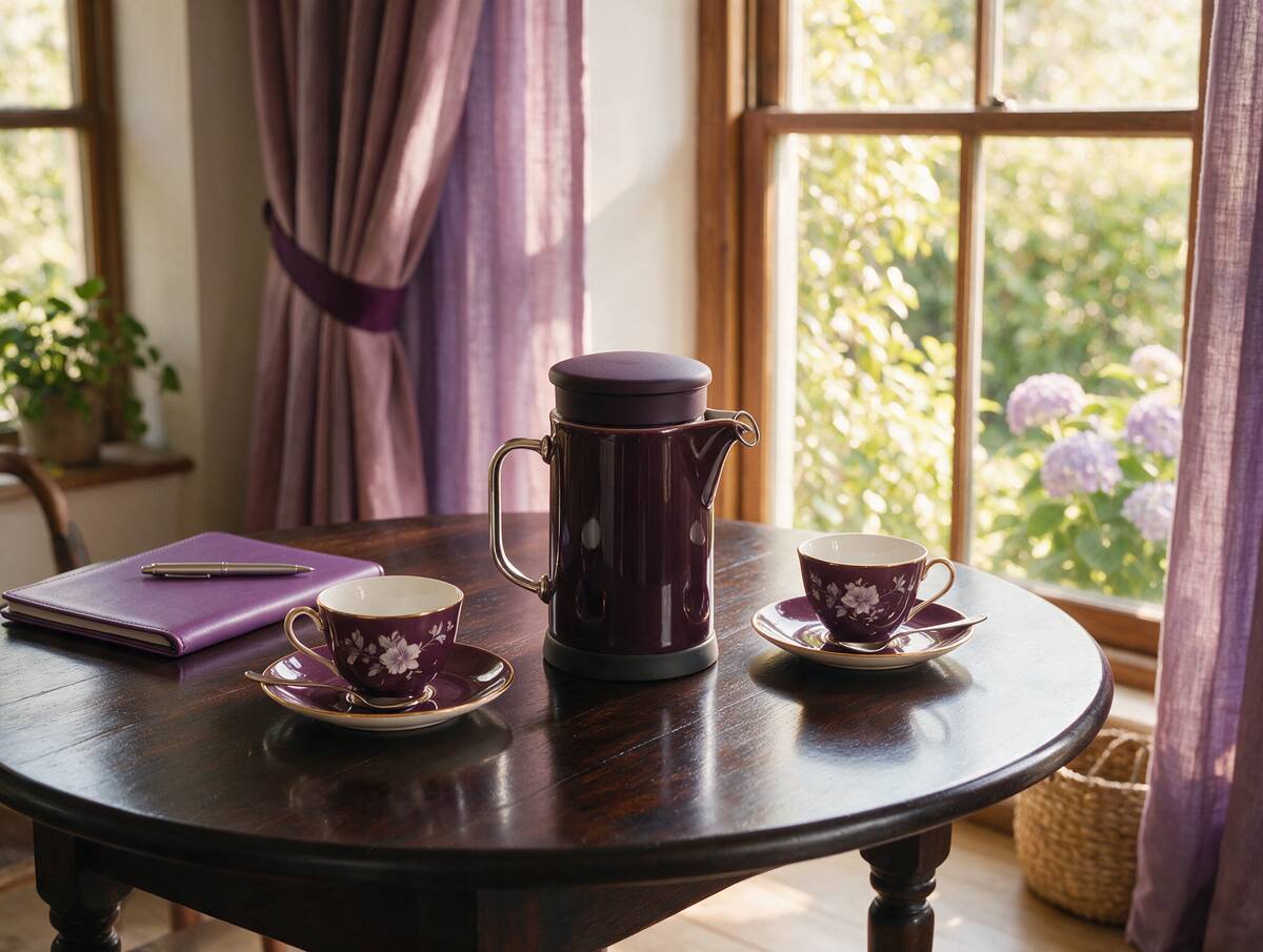 A cafetiere and two china cups set out on a meeting table by a sunny window