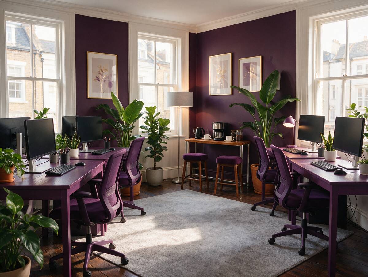 A bright shared office with desks, ergonomic chairs, plants and a plum accent wall