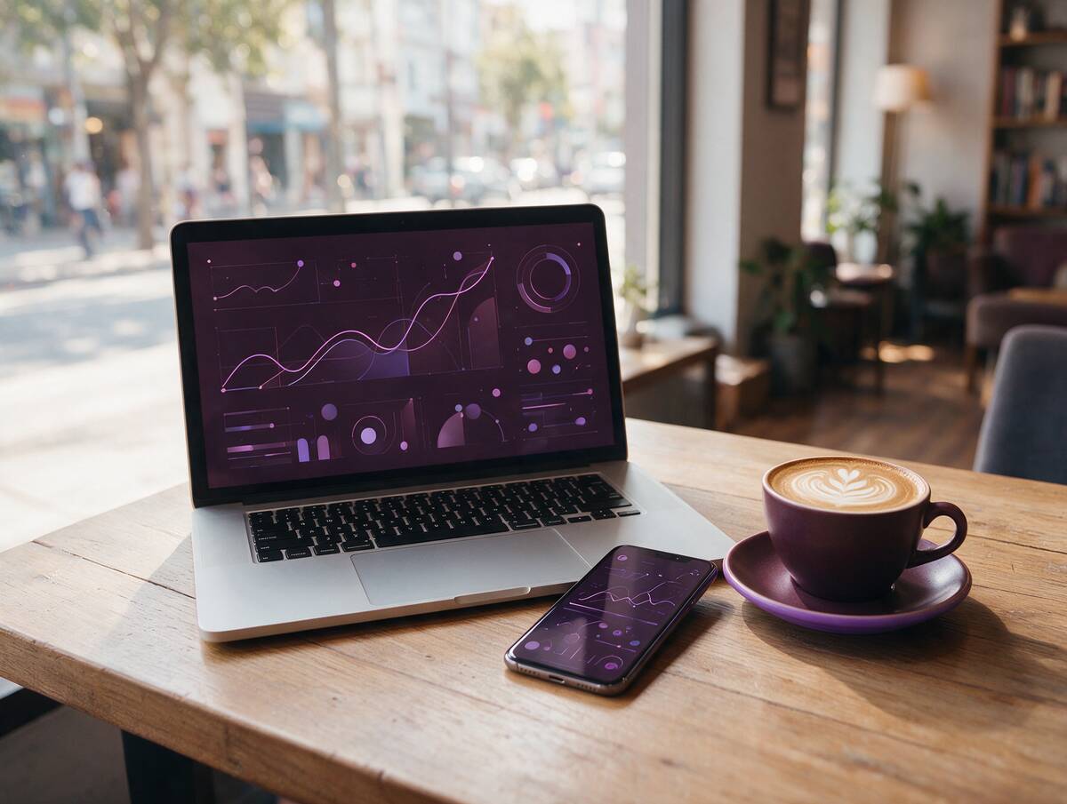 A laptop and phone showing graphs on a cafe table with a coffee