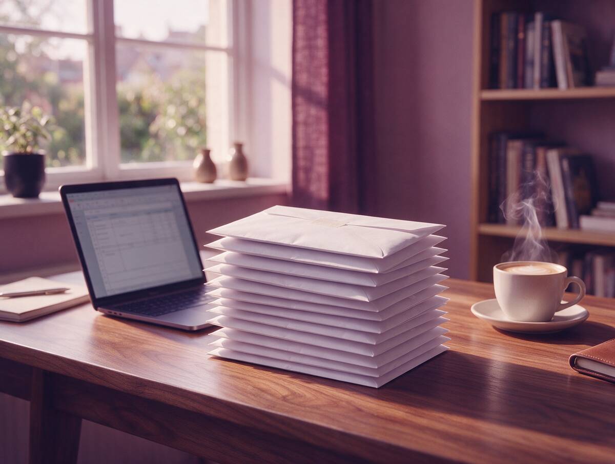 A stack of sealed payslip envelopes beside a laptop and coffee