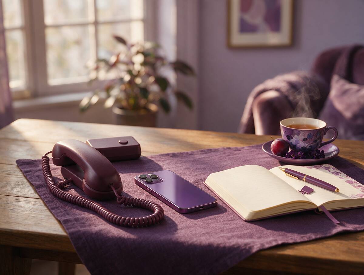 A desk telephone and smartphone beside an open notebook and a cup of tea