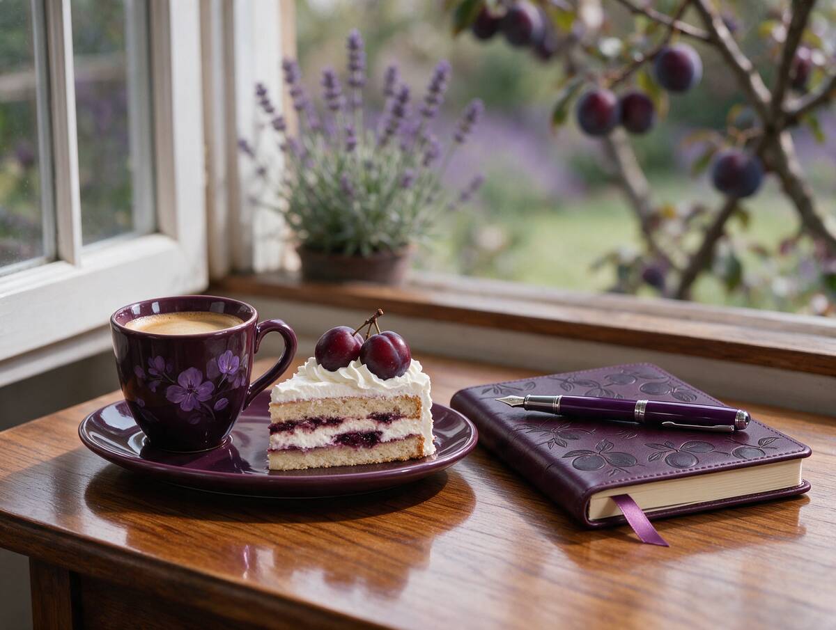 A cup of coffee and a slice of cake beside a plum notebook by a window
