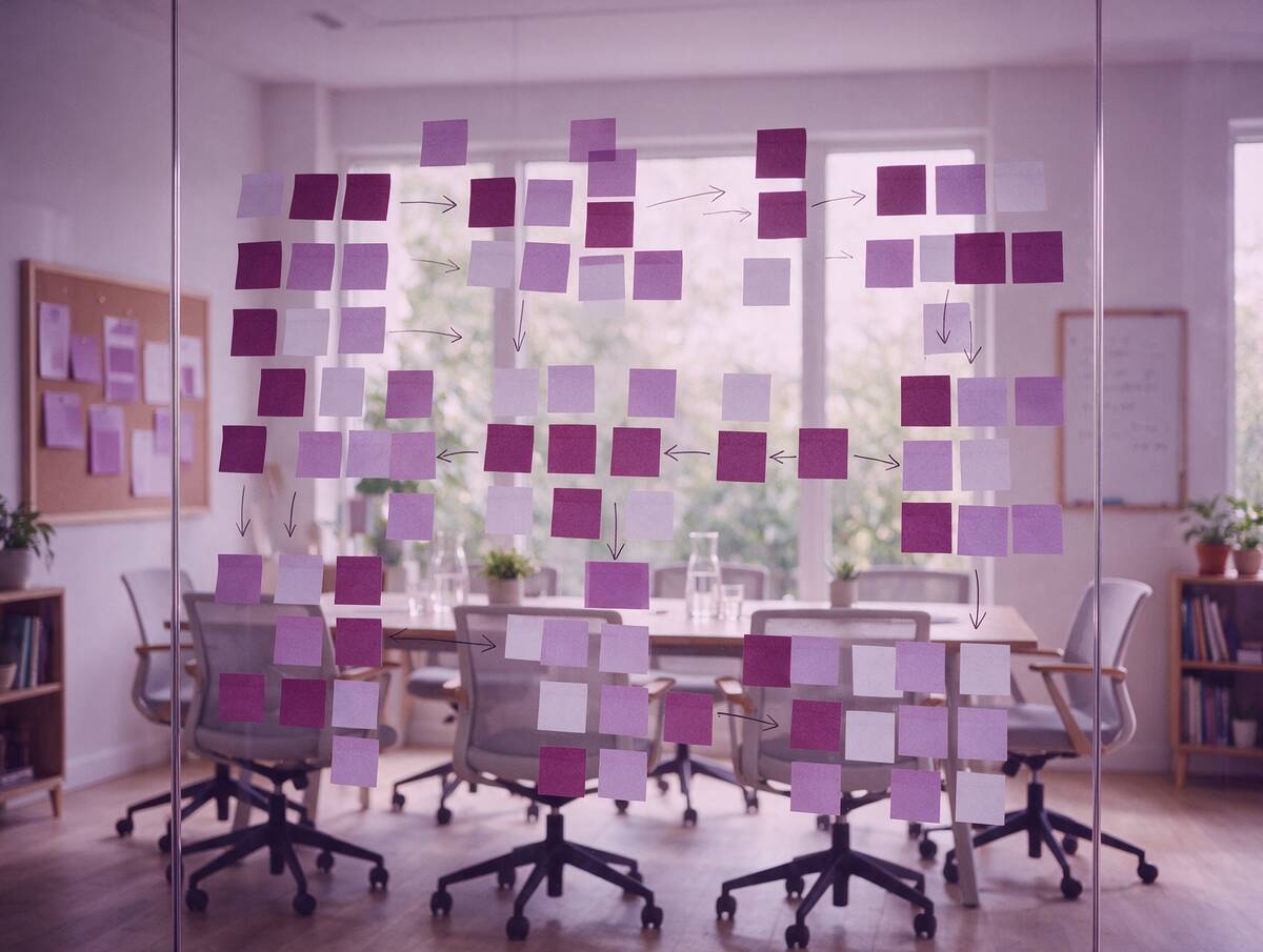 Sticky notes arranged as a process flow on a meeting room glass wall