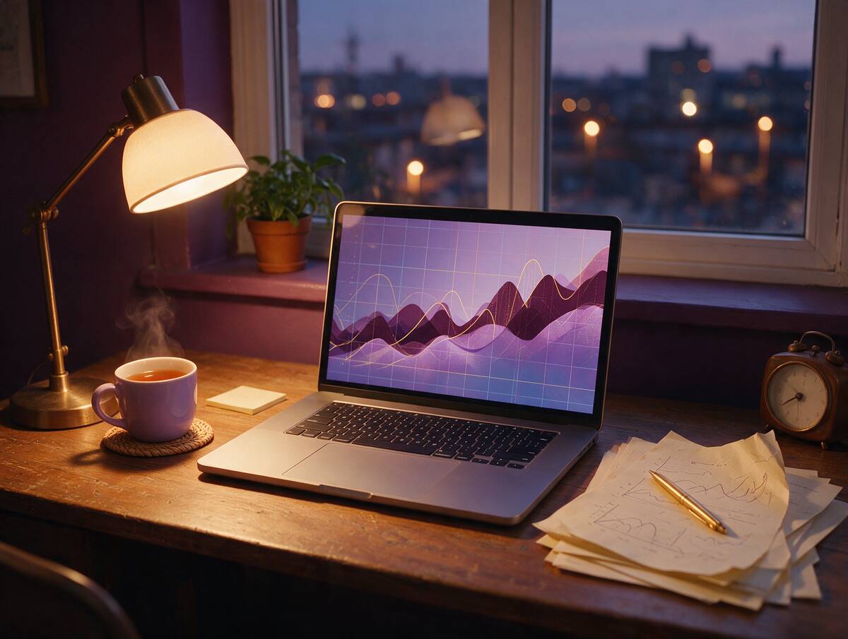 A home desk in the evening with a laptop, lamp and cup of tea