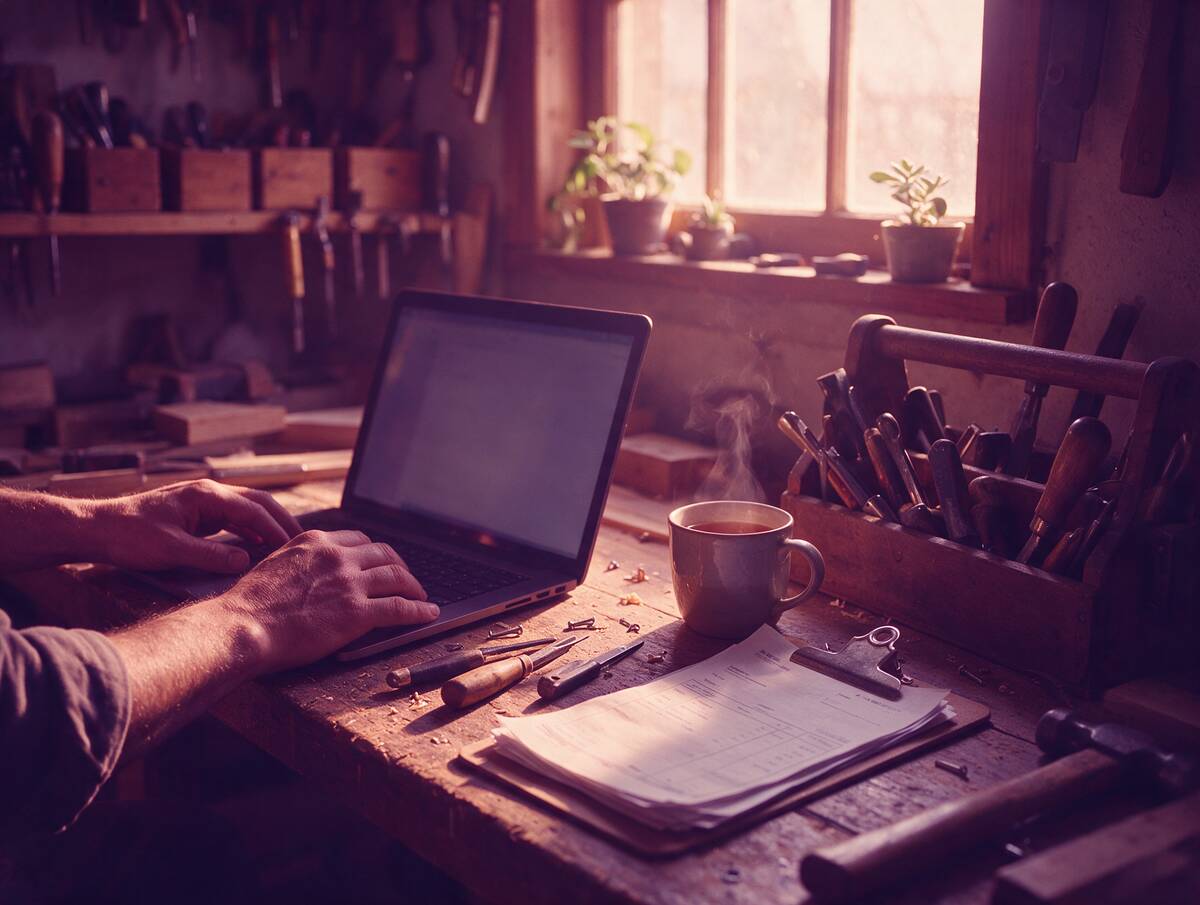 A craftsperson's workbench with a laptop, tools and a mug of tea