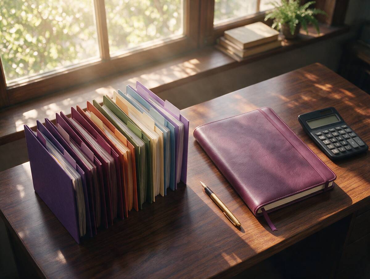 An organised desk with colour-coded folders, a calculator and a plum notebook