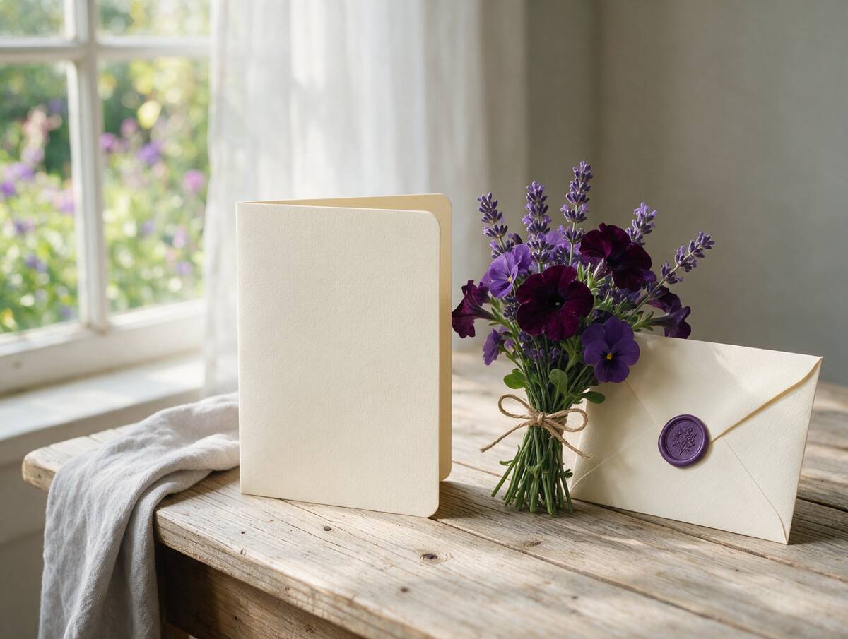 A thank-you card and a small bouquet of purple flowers on a desk
